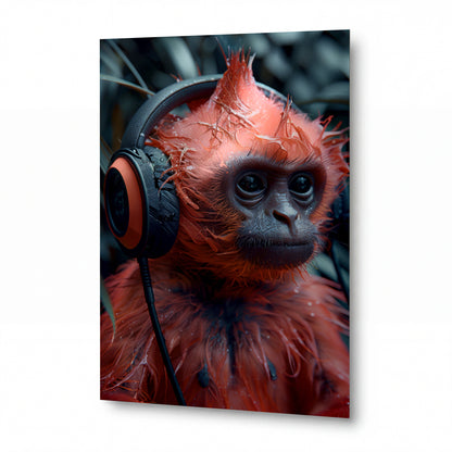 Obraz Orangutan s audiosety v mlžném lese — kovový obraz na hliníkovém panelu s vysokým leskem