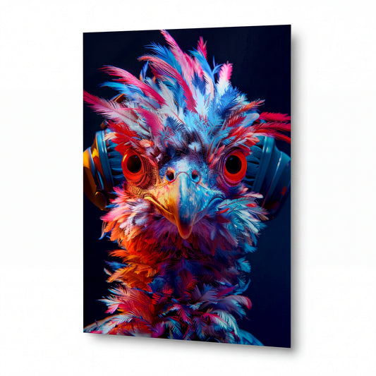 Obraz Neopeřený hudební rebel s ohnivým pohledem — kovový obraz na hliníkovém panelu s vysokým leskem