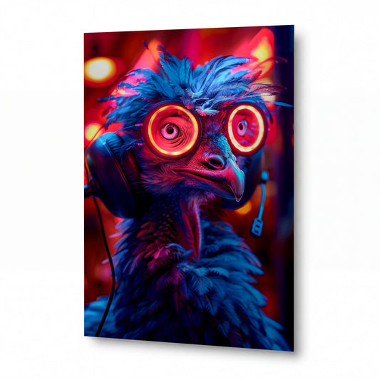 Obraz Pštros s neonovými sluchátky v nocích velkoměsta — kovový obraz na hliníkovém panelu s vysokým leskem