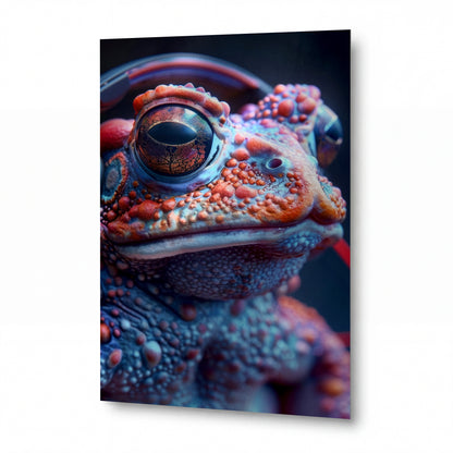 Obraz Gecko s duhovými sluchátky — kovový obraz na hliníkovém panelu s vysokým leskem