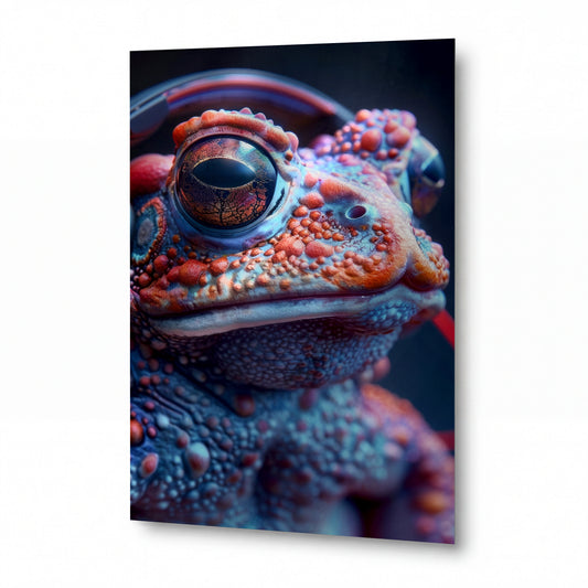 Obraz Gecko s duhovými sluchátky — kovový obraz na hliníkovém panelu s vysokým leskem