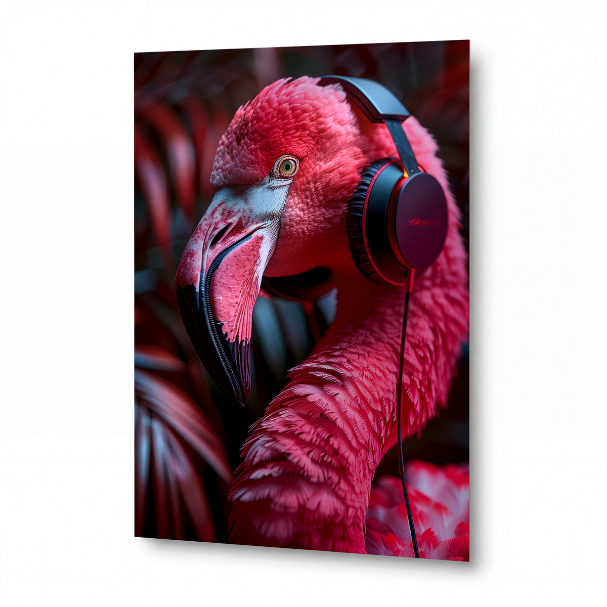 Obraz Flamingo s červenými sluchátky — kovový obraz na hliníkovém panelu s vysokým leskem