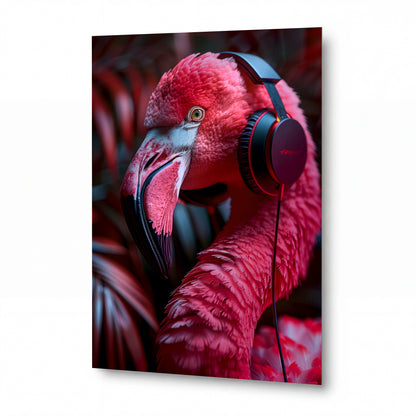 Obraz Flamingo s červenými sluchátky — kovový obraz na hliníkovém panelu s vysokým leskem