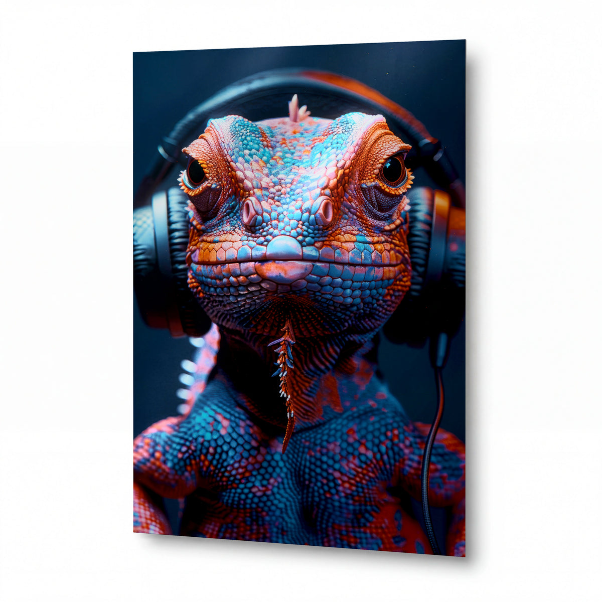 Obraz Chameleon s technicolor šupinami v ohnivých sluchátkách — kovový obraz na hliníkovém panelu s vysokým leskem