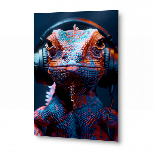 Obraz Chameleon s technicolor šupinami v ohnivých sluchátkách — kovový obraz na hliníkovém panelu s vysokým leskem