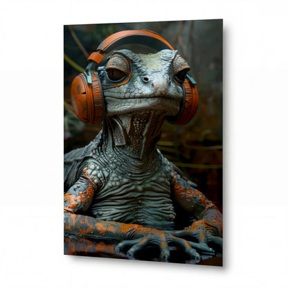 Obraz Chameleon s oranžovými sluchátky — kovový obraz na hliníkovém panelu s vysokým leskem