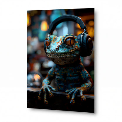 Obraz Chameleon s velkýma očima v sluchátkách — kovový obraz na hliníkovém panelu s vysokým leskem