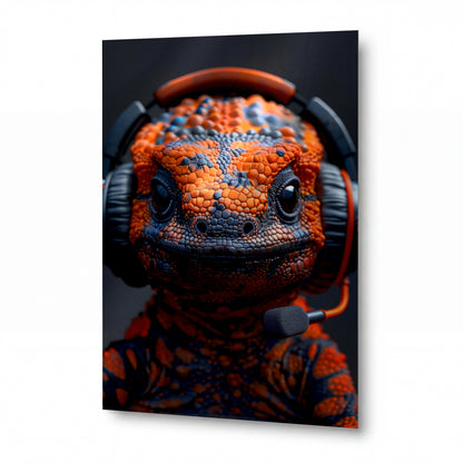 Obraz Oranžový chameleon s hudebními sluchátky — kovový obraz na hliníkovém panelu s vysokým leskem