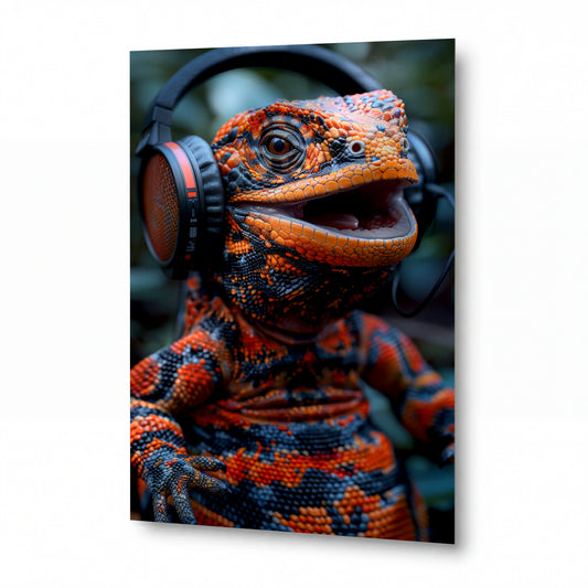 Obraz Chameleon s oranžovým vzorem v sluchátkách — kovový obraz na hliníkovém panelu s vysokým leskem