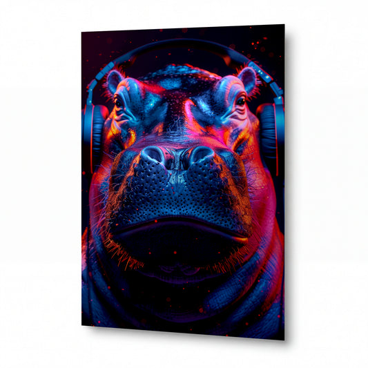 Obraz Pes hudební meloman v neonových barvách — kovový obraz na hliníkovém panelu s vysokým leskem