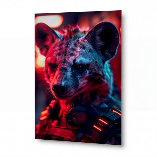 Obraz Hyena v sluchátkách s plamenným okem — kovový obraz na hliníkovém panelu s vysokým leskem