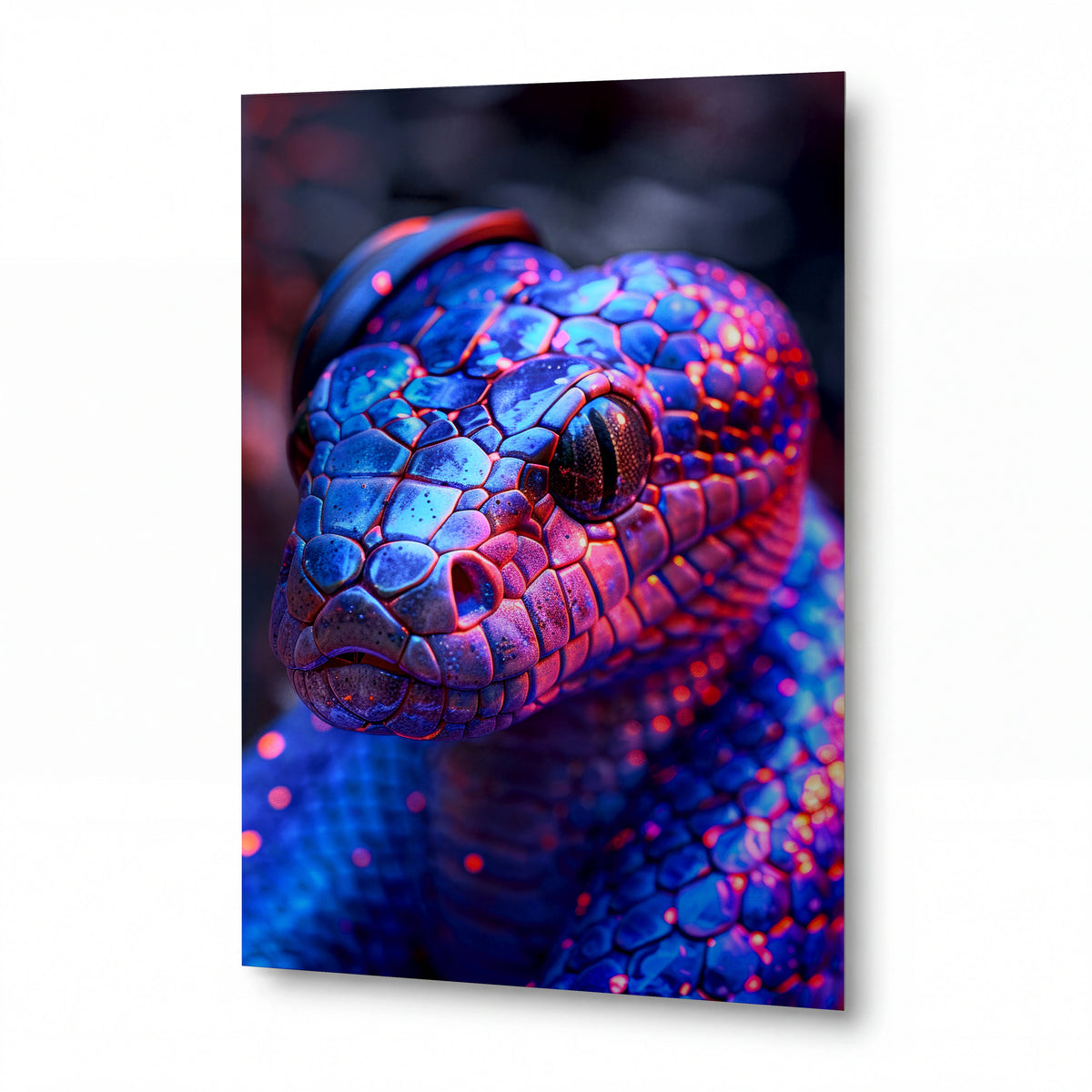 Obraz Neonový chameleon s hudebními sluchátky — kovový obraz na hliníkovém panelu s vysokým leskem