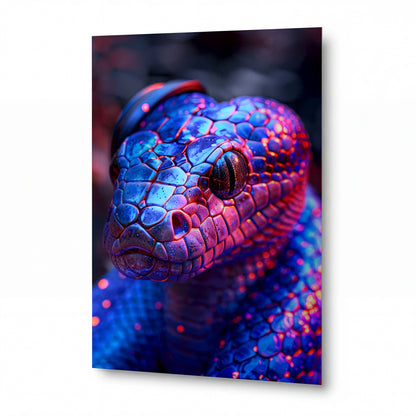 Obraz Neonový chameleon s hudebními sluchátky — kovový obraz na hliníkovém panelu s vysokým leskem