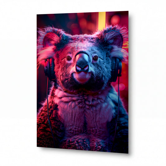 Obraz Koala s sluchátky v neonovém světle — kovový obraz na hliníkovém panelu s vysokým leskem