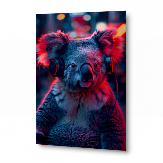 Obraz Koala s neonovými sluchátky v městském šumu — kovový obraz na hliníkovém panelu s vysokým leskem