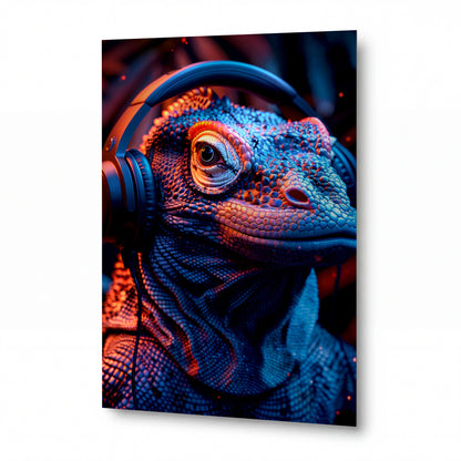 Obraz Chameleon v modrých sluchátkách — kovový obraz na hliníkovém panelu s vysokým leskem