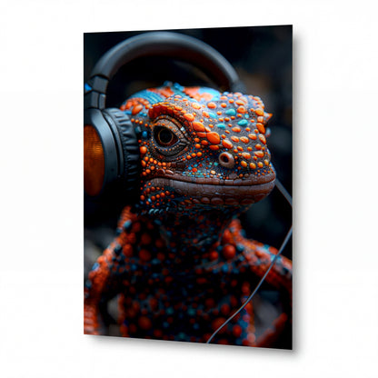 Obraz Chameleon v sluchátkách — hudební meloman — kovový obraz na hliníkovém panelu s vysokým leskem