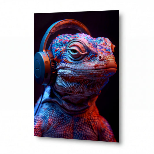 Obraz Chameleon v modrooranžových sluchátkách s fascinujícím pohledem — kovový obraz na hliníkovém panelu s vysokým leskem