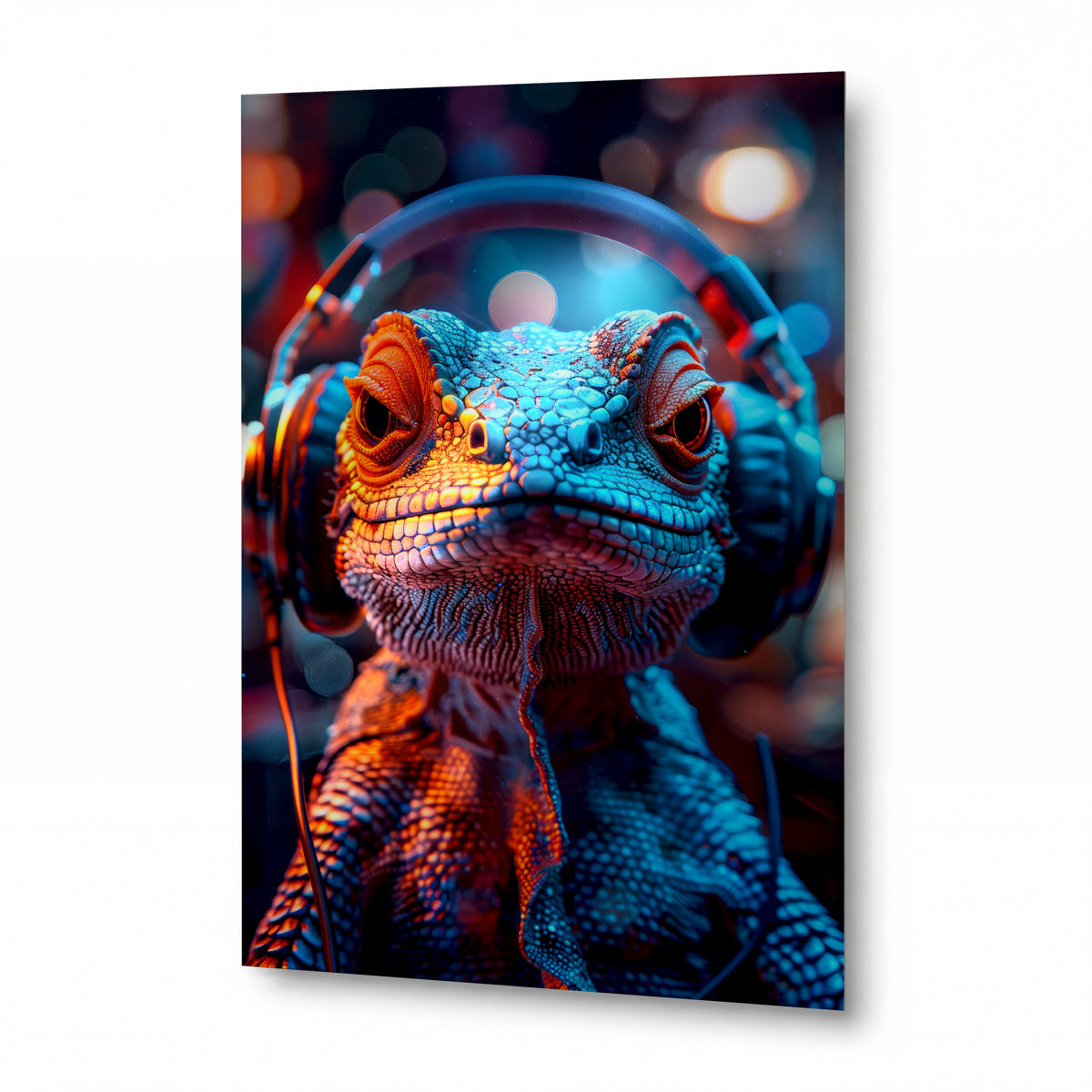 Obraz Chameleon s basovými sluchátky — kovový obraz na hliníkovém panelu s vysokým leskem
