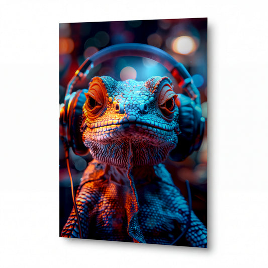 Obraz Chameleon s basovými sluchátky — kovový obraz na hliníkovém panelu s vysokým leskem