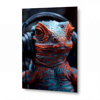 Obraz Chameleon s náušníky v rytmu — kovový obraz na hliníkovém panelu s vysokým leskem