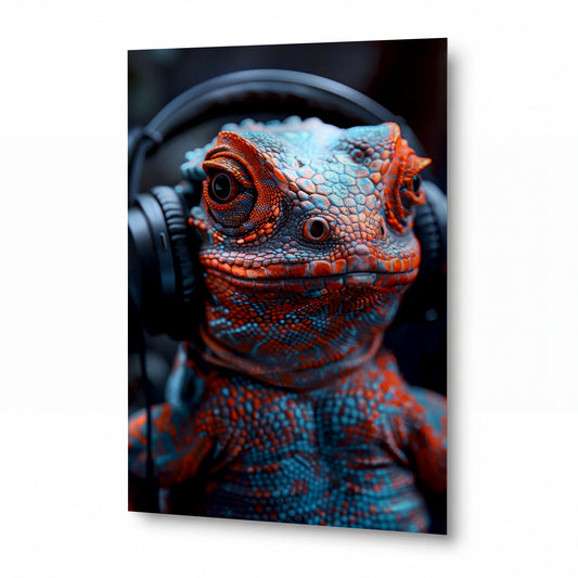 Obraz Chameleon s náušníky v rytmu — kovový obraz na hliníkovém panelu s vysokým leskem