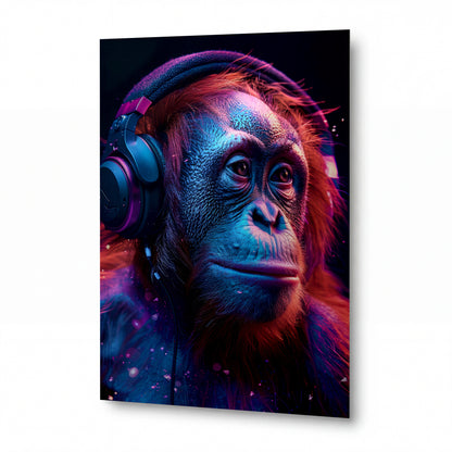 Obraz Orangutan s bezdrátovými sluchátky v neonové záři — kovový obraz na hliníkovém panelu s vysokým leskem