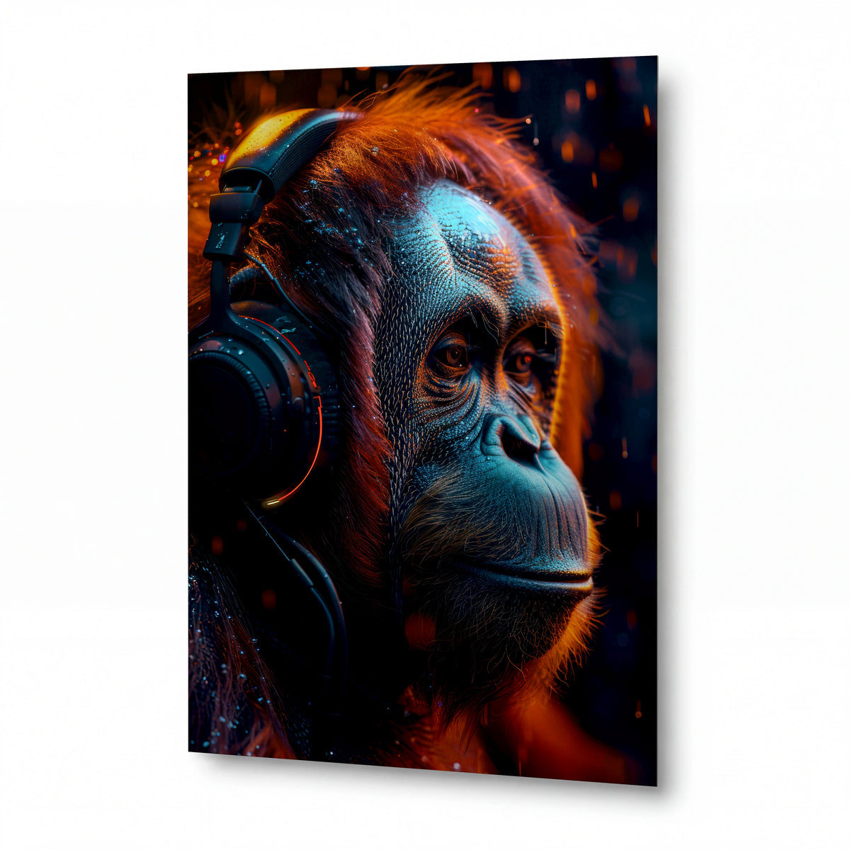 Obraz Orangutan v sluchátkách tančící v ohňových jiskrách — kovový obraz na hliníkovém panelu s vysokým leskem