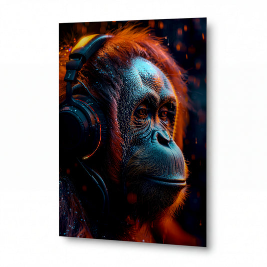 Obraz Orangutan v sluchátkách tančící v ohňových jiskrách — kovový obraz na hliníkovém panelu s vysokým leskem