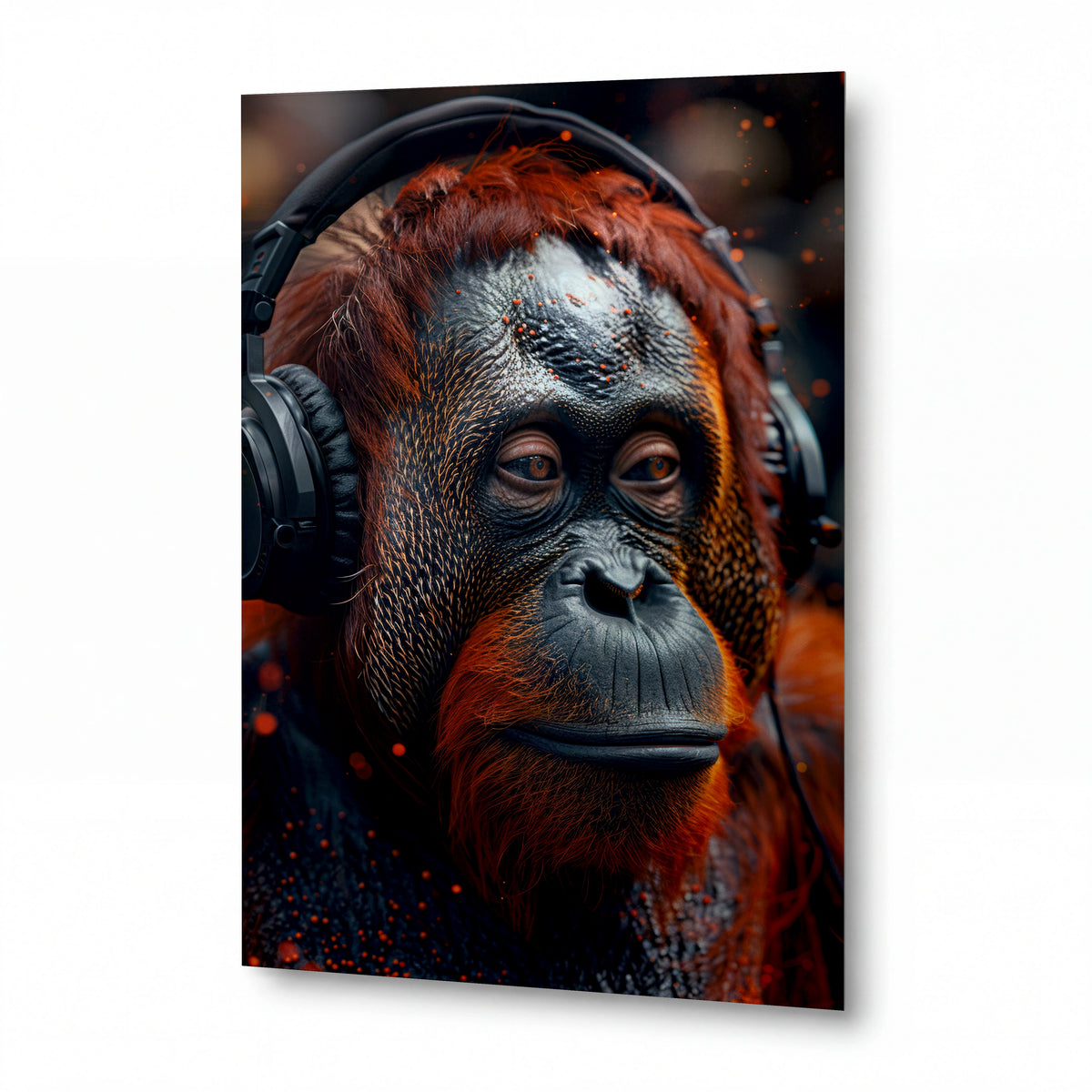 Obraz Orangutan s hudebními sluchátky v oranžových odstínech — kovový obraz na hliníkovém panelu s vysokým leskem
