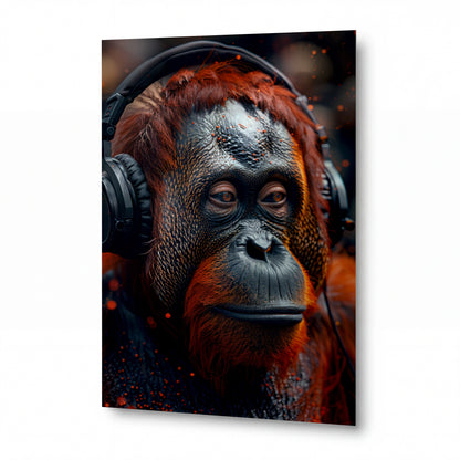 Obraz Orangutan s hudebními sluchátky v oranžových odstínech — kovový obraz na hliníkovém panelu s vysokým leskem