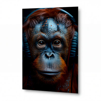Obraz Orangutan v hudebním soustředění — kovový obraz na hliníkovém panelu s vysokým leskem