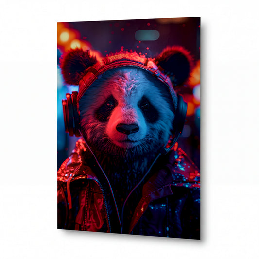 Obraz Panda v neonových barvách se sluchátky — kovový obraz na hliníkovém panelu s vysokým leskem