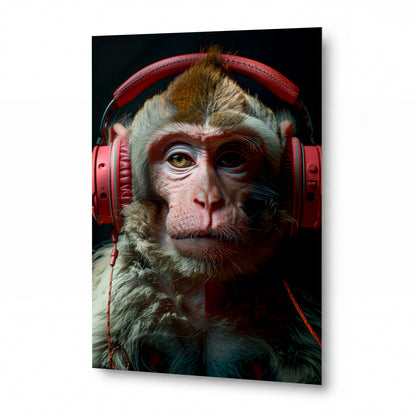 Obraz Opičí meloman s korálovými sluchátky — kovový obraz na hliníkovém panelu s vysokým leskem