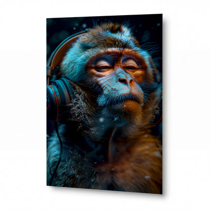 Obraz Orangutan melomana snící v rytmu — kovový obraz na hliníkovém panelu s vysokým leskem