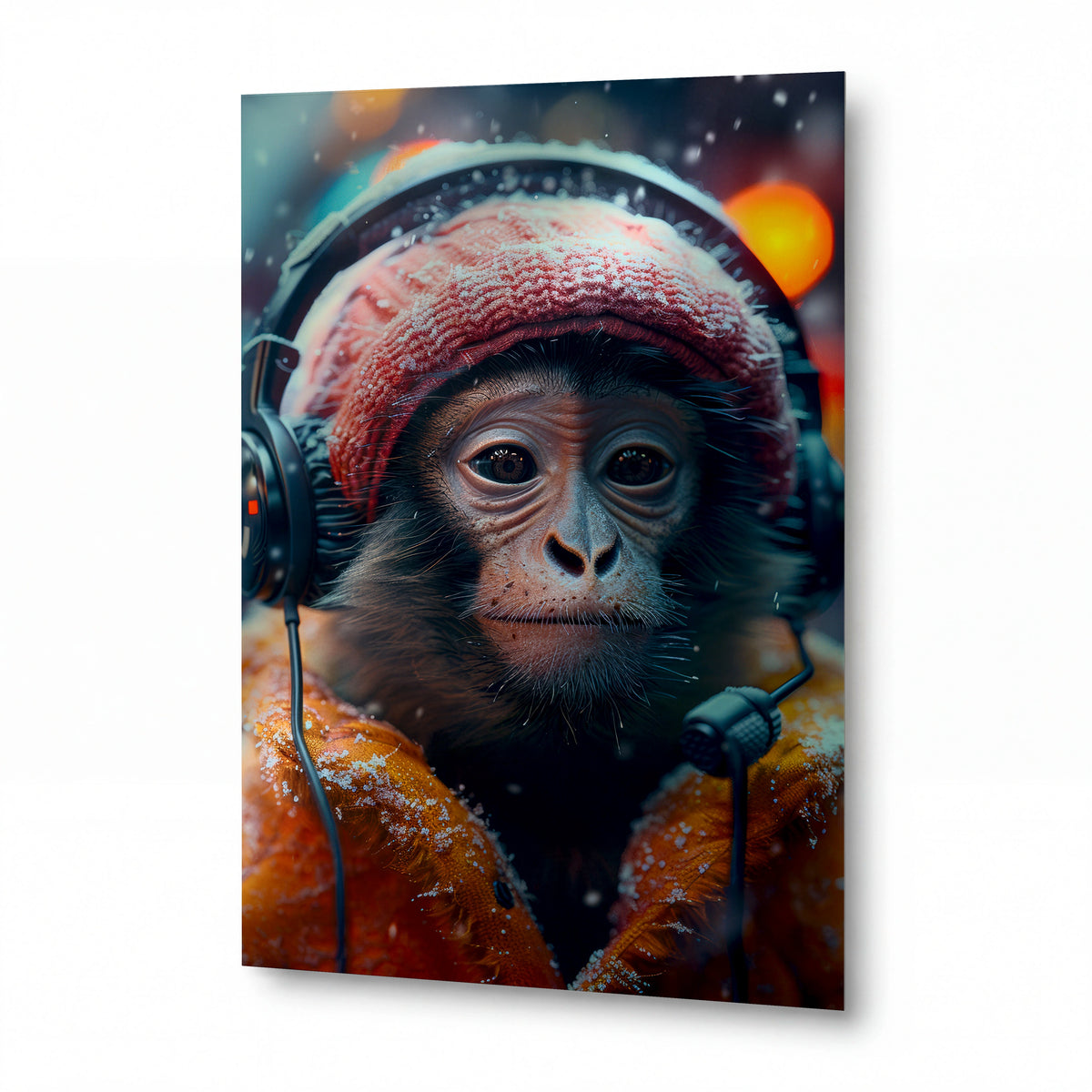 Obraz Orangutan v zimní čepici poslouchající hudbu ve sněžení — kovový obraz na hliníkovém panelu s vysokým leskem