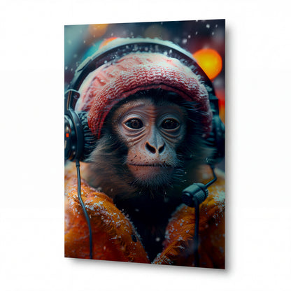 Obraz Orangutan v zimní čepici poslouchající hudbu ve sněžení — kovový obraz na hliníkovém panelu s vysokým leskem
