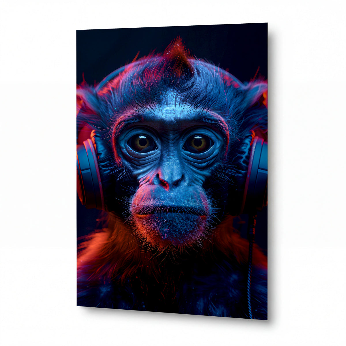 Obraz Orangutan s modrým kožíškem v neonových sluchátkách — kovový obraz na hliníkovém panelu s vysokým leskem
