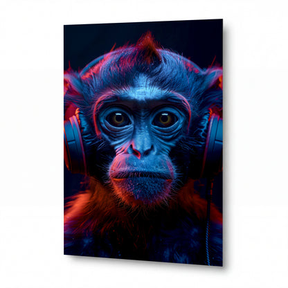 Obraz Orangutan s modrým kožíškem v neonových sluchátkách — kovový obraz na hliníkovém panelu s vysokým leskem