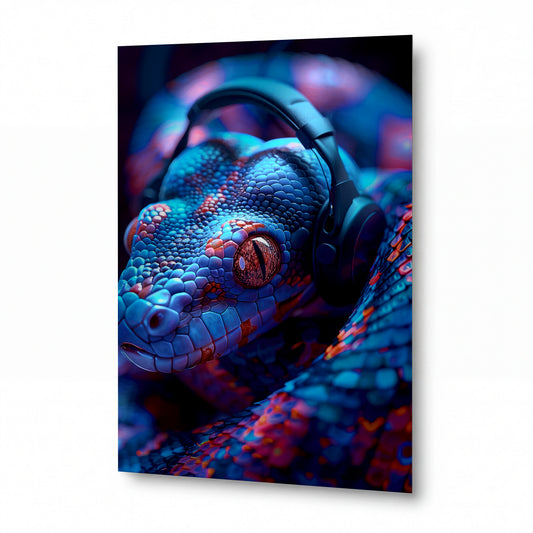 Obraz Chameleon v sluchátkách zářící neonovou modří — kovový obraz na hliníkovém panelu s vysokým leskem