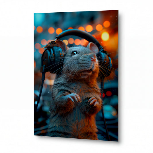 Obraz Potkan v hudebním transu s tyrkysovýma očima — kovový obraz na hliníkovém panelu s vysokým leskem