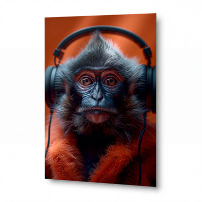 Obraz Orangutan s modrými sluchátky — kovový obraz na hliníkovém panelu s vysokým leskem