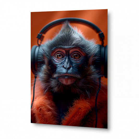 Obraz Orangutan s modrými sluchátky — kovový obraz na hliníkovém panelu s vysokým leskem