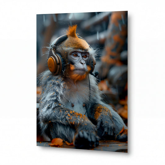 Obraz Mladý orangutan DJ v oranžových sluchátkách — kovový obraz na hliníkovém panelu s vysokým leskem