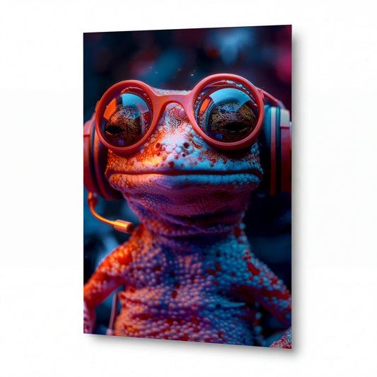 Obraz Chameleon s výraznými oranžovými brýlemi — kovový obraz na hliníkovém panelu s vysokým leskem