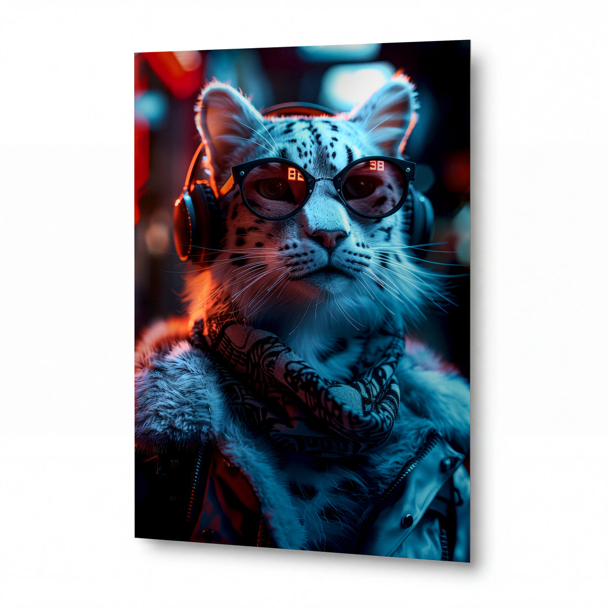 Obraz Sněžný leopard v neonových brýlích a sluchátkách — kovový obraz na hliníkovém panelu s vysokým leskem