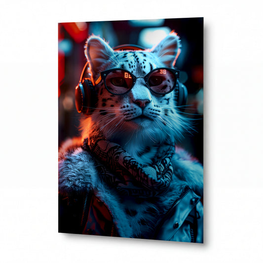 Obraz Sněžný leopard v neonových brýlích a sluchátkách — kovový obraz na hliníkovém panelu s vysokým leskem