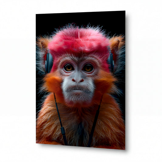 Obraz Orangutan s růžovou hřívou poslouchá hudbu — kovový obraz na hliníkovém panelu s vysokým leskem