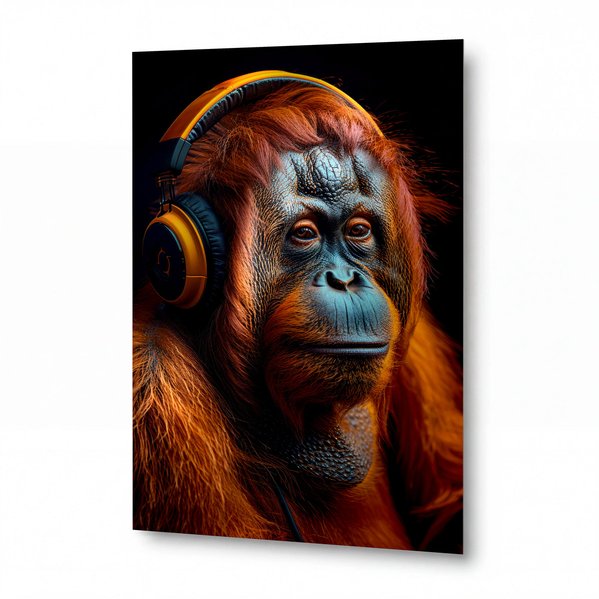 Obraz Orangutan v oranžových sluchátkech — kovový obraz na hliníkovém panelu s vysokým leskem