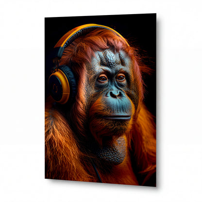 Obraz Orangutan v oranžových sluchátkech — kovový obraz na hliníkovém panelu s vysokým leskem